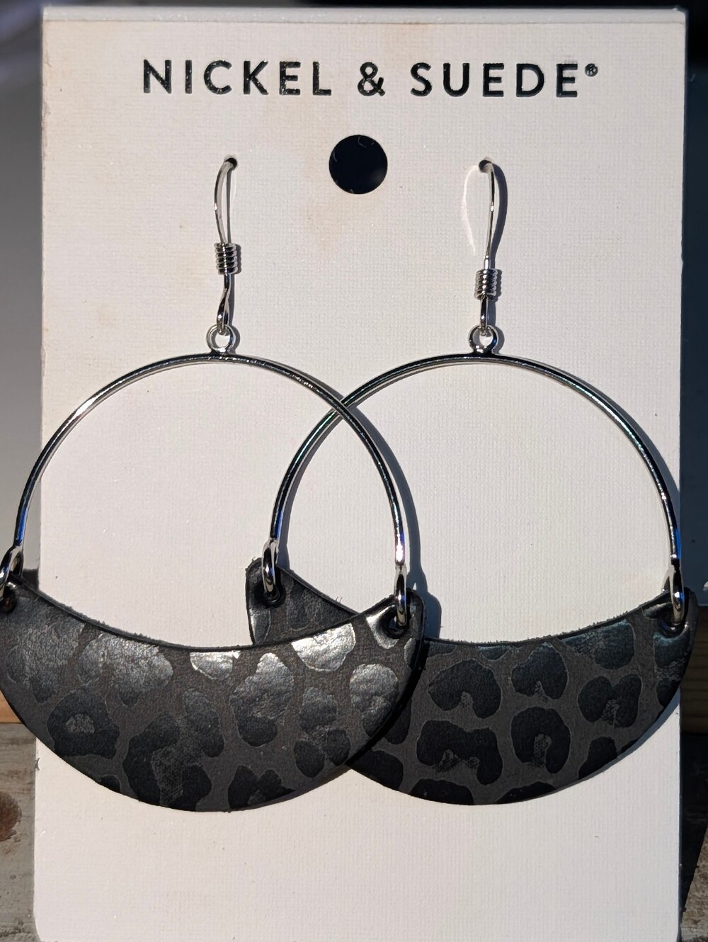 NWOT Nickel & Suede Black Leopard-Print Hoop Earrings